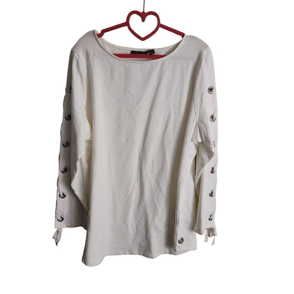 Susan Graver Weekend French Terry White Tunic With Lace Up Details Size 1X